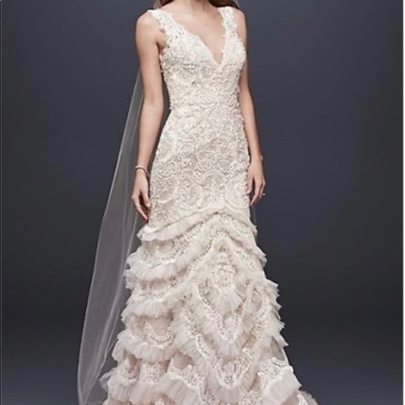 GALINA SIGNATURE Floral Ruffle Lace Beads Fit and Flare Wedding Maxi Dress Sz 0 - Picture 1 of 16